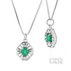 Custom made green step cut Emerald set in 14k white gold octagonal pendant with flower motifs, on 20 inch wheat chain.